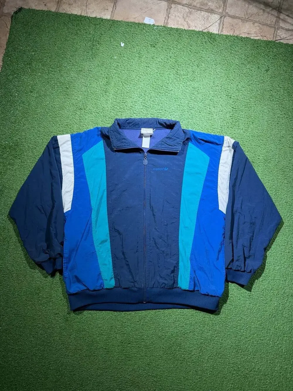 Vintage 90s Adidas Blue Teal Colorblock Full Zip Windbreaker Track Jacket